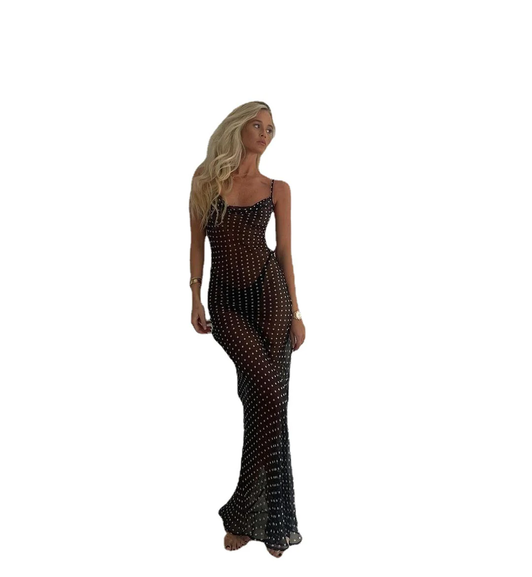 Damen transparenter Maxi-Kleid mit gepunktetem Design und verführerischen Rüschendetails R&B - Image 5