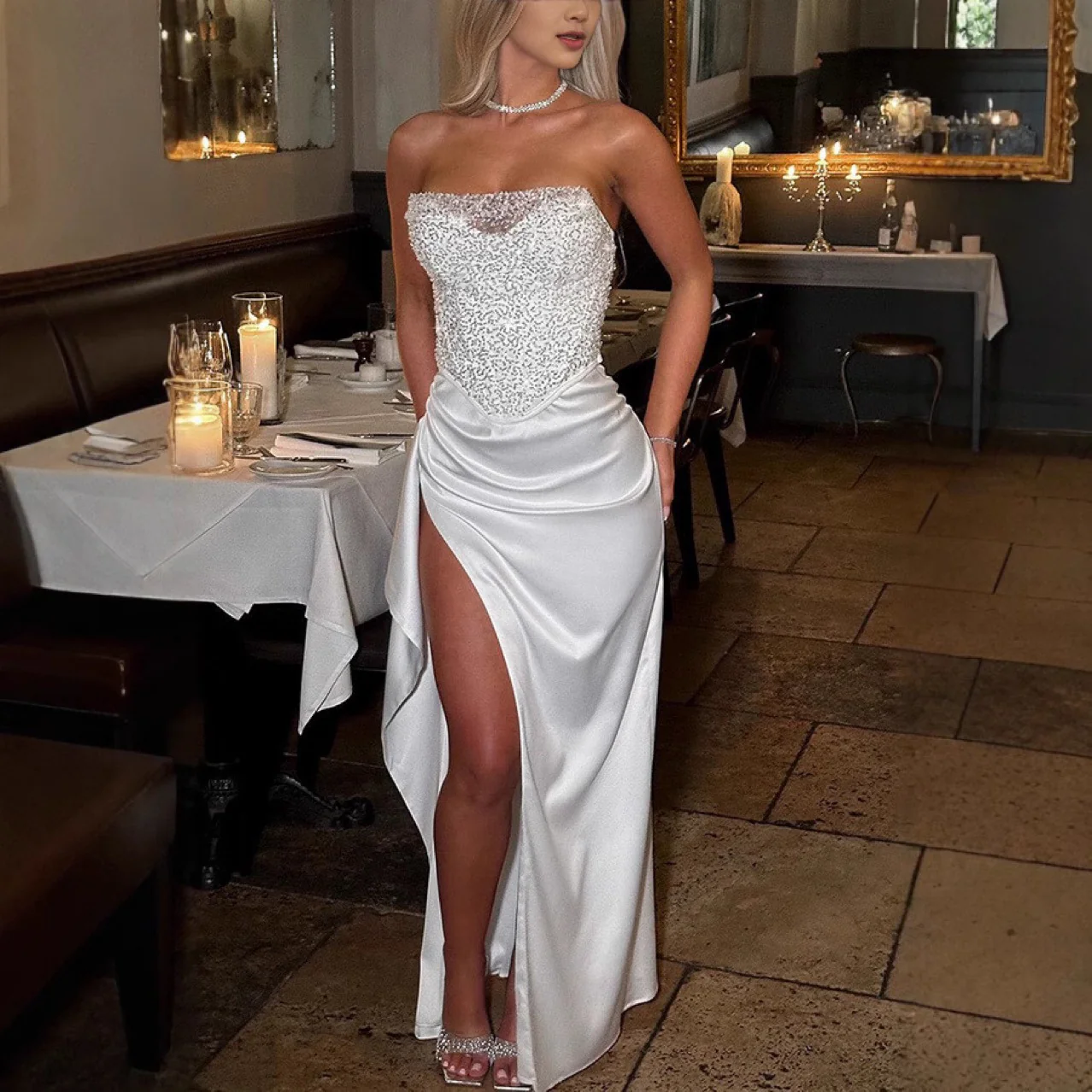 Damen Trauungs-Cocktailkleid mit schimmerndem Oberteil und hohem Schlitz R&B - Image 4