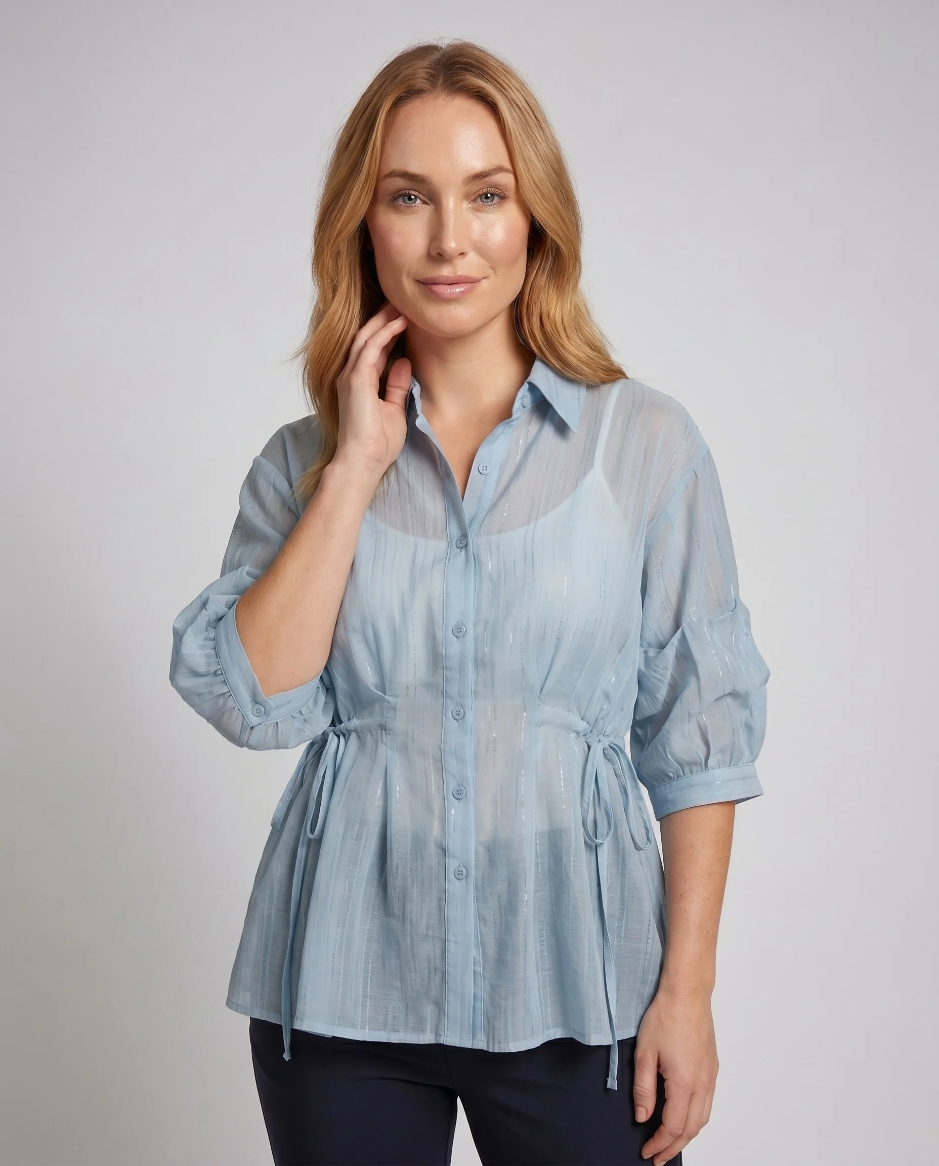 Damen Trendige Hemdbluse mit modischen Puffärmeln und Taillenzug R&B - Image 2