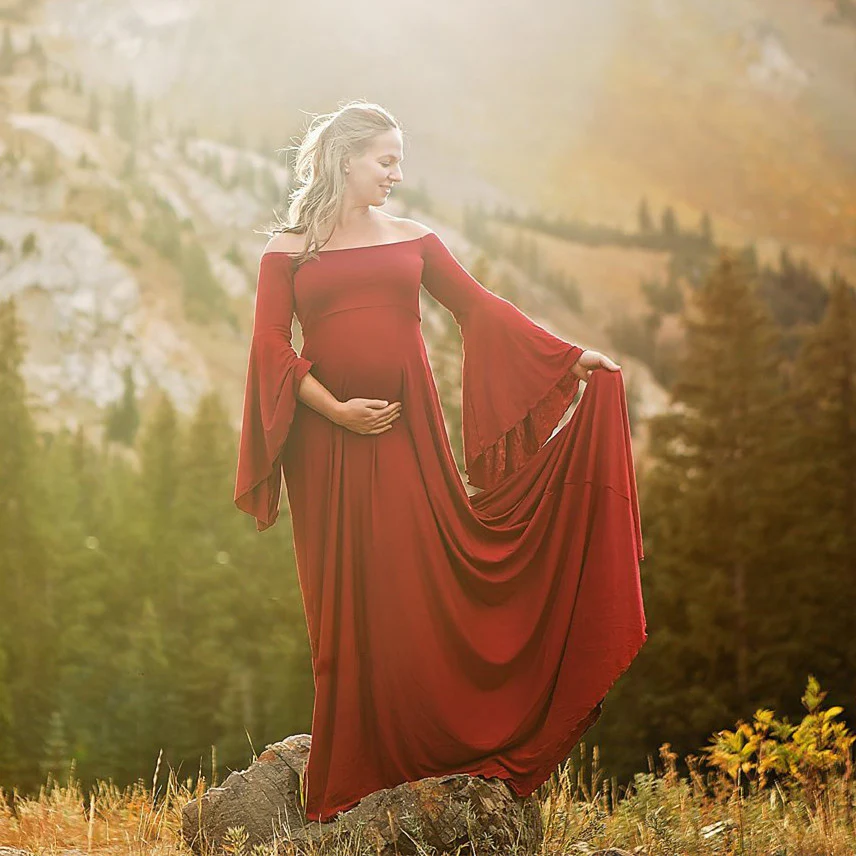 Damen Umstands-Maxikleid mit schulterfreiem Design und fließenden Ärmeln R&B - Image 4