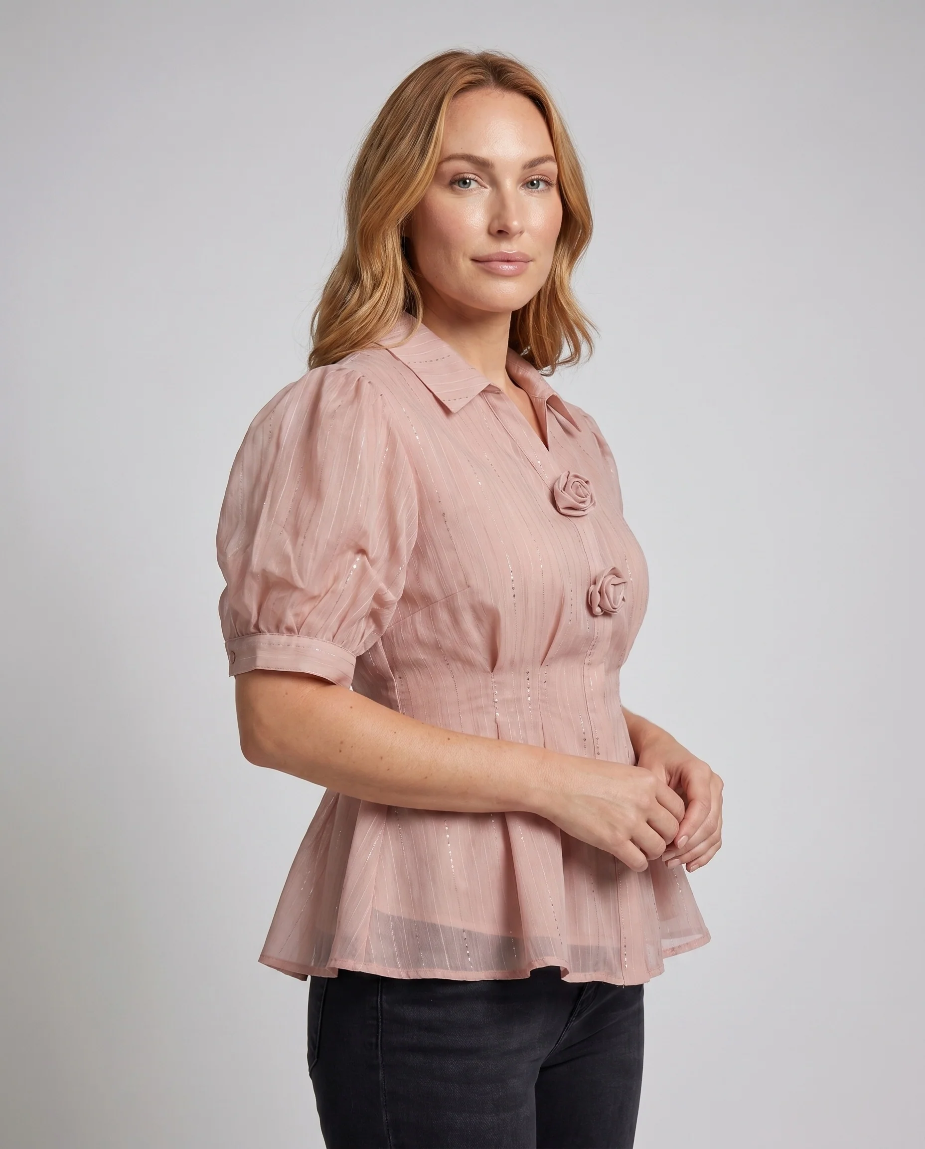 Damen Verspielte Bluse mit Puffärmeln und Glitzerakzenten R&B - Image 2