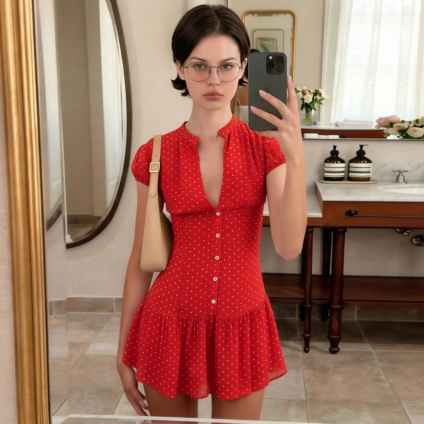 Damen verspieltes Polka Dot Kleid mit knopfbarem Ausschnitt und voluminösem Saum Heidi-Mode - Image 2