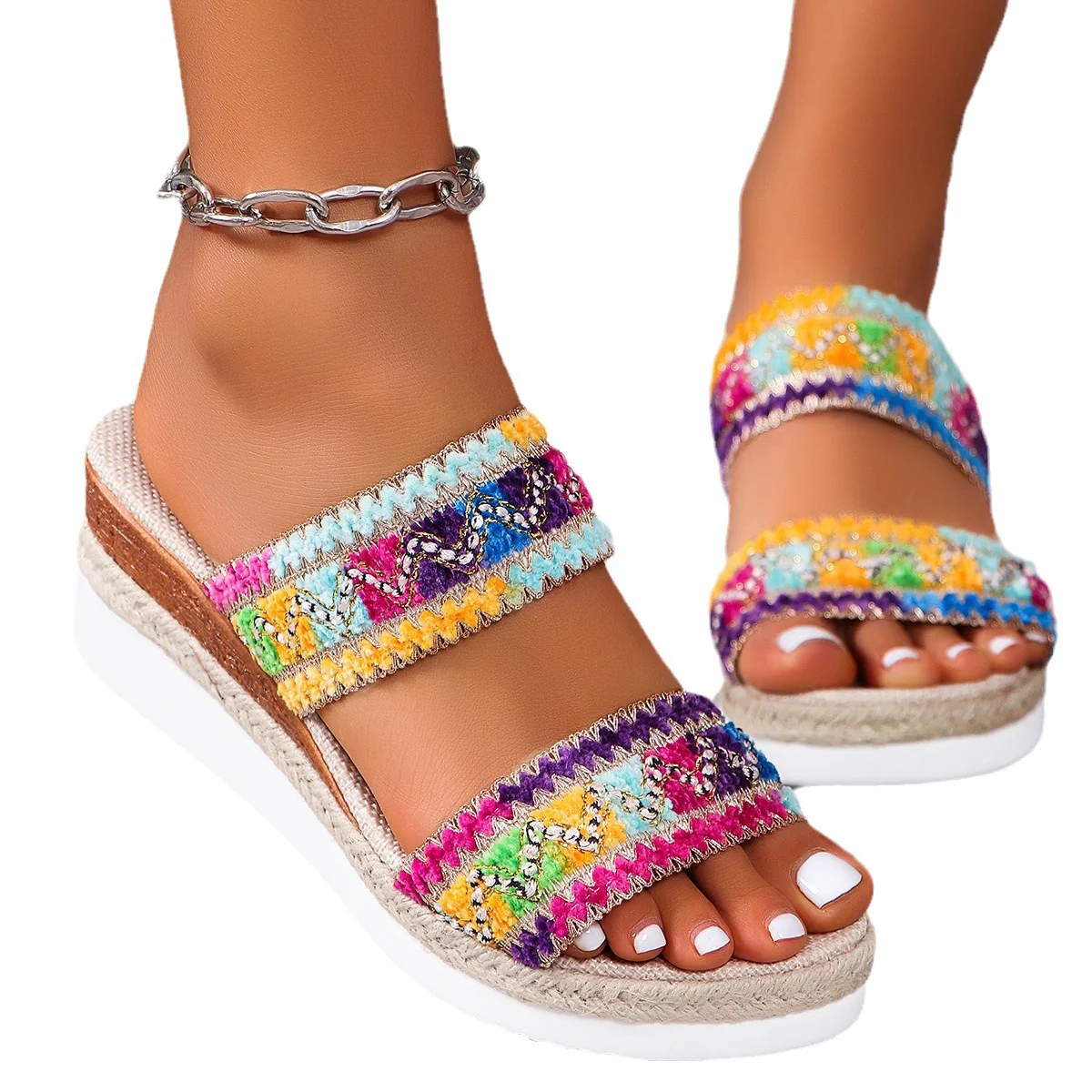 Damen Wedge-Pantoletten mit buntem Stickmuster und bequemer Fußbettung R&B - Image 5