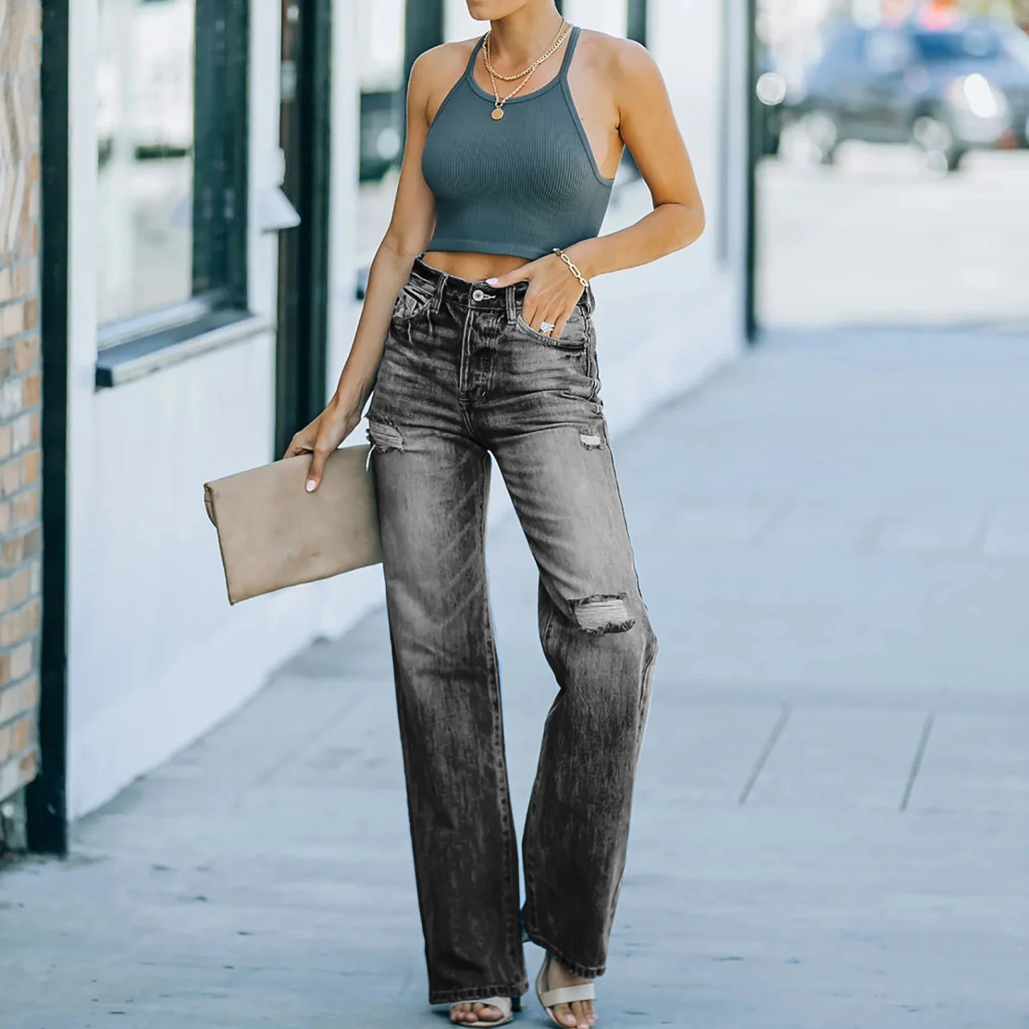 Damen Weit geschnittene Jeans mit Distressed-Effekten und hohem Bund R&B - Image 3