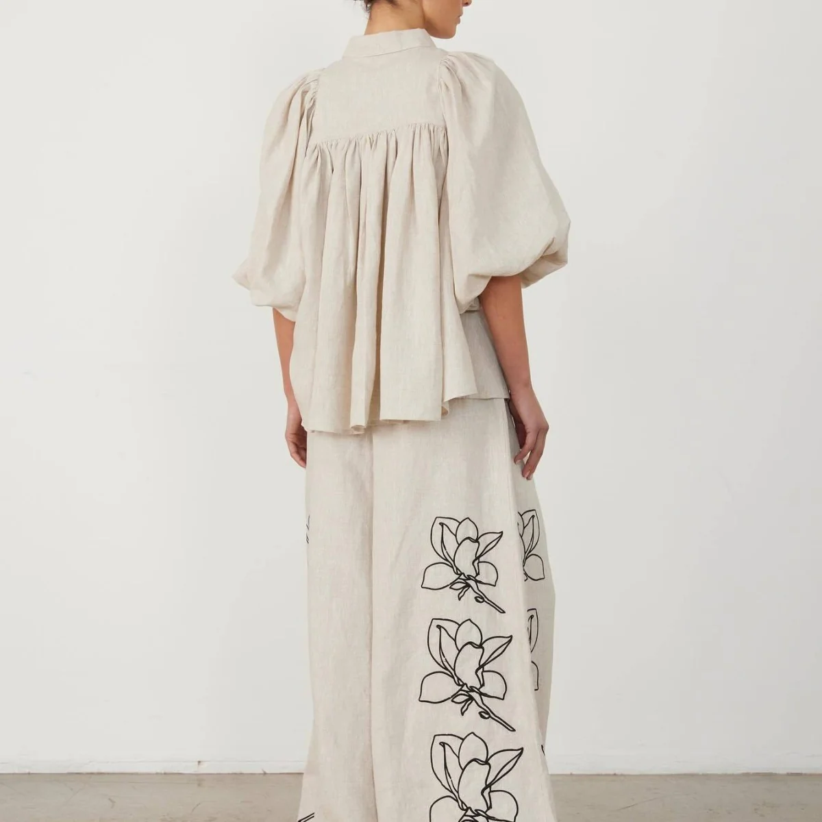 Damen Weit geschnittene Leinenhose mit floralen Stickereien R&B - Image 5