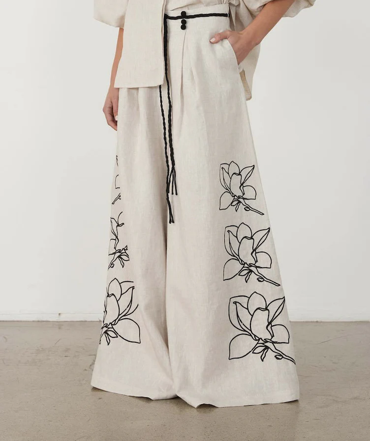 Damen Weit geschnittene Leinenhose mit floralen Stickereien R&B - Image 7