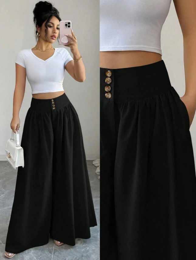 Damen Weit geschnittene Palazzo-Hose mit dekorativen Knöpfen R&B - Image 9