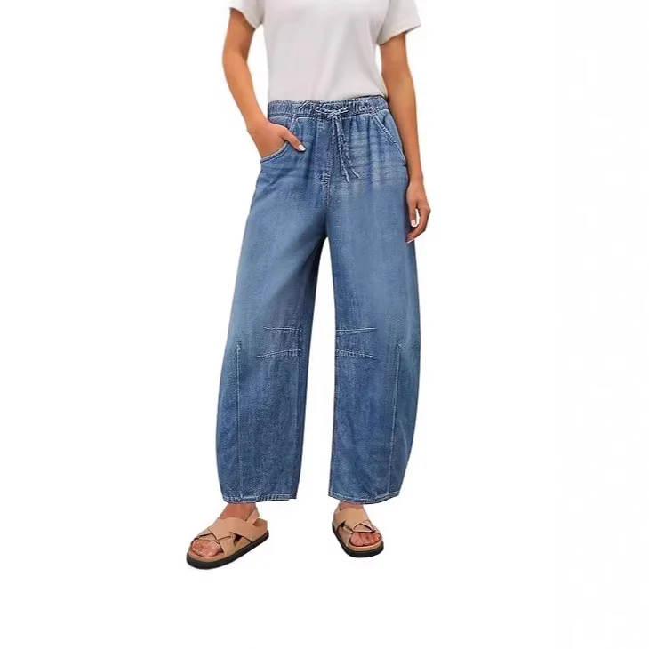 Damen weite Denim-Hose mit elastischem Bund und praktischem Schnitt R&B