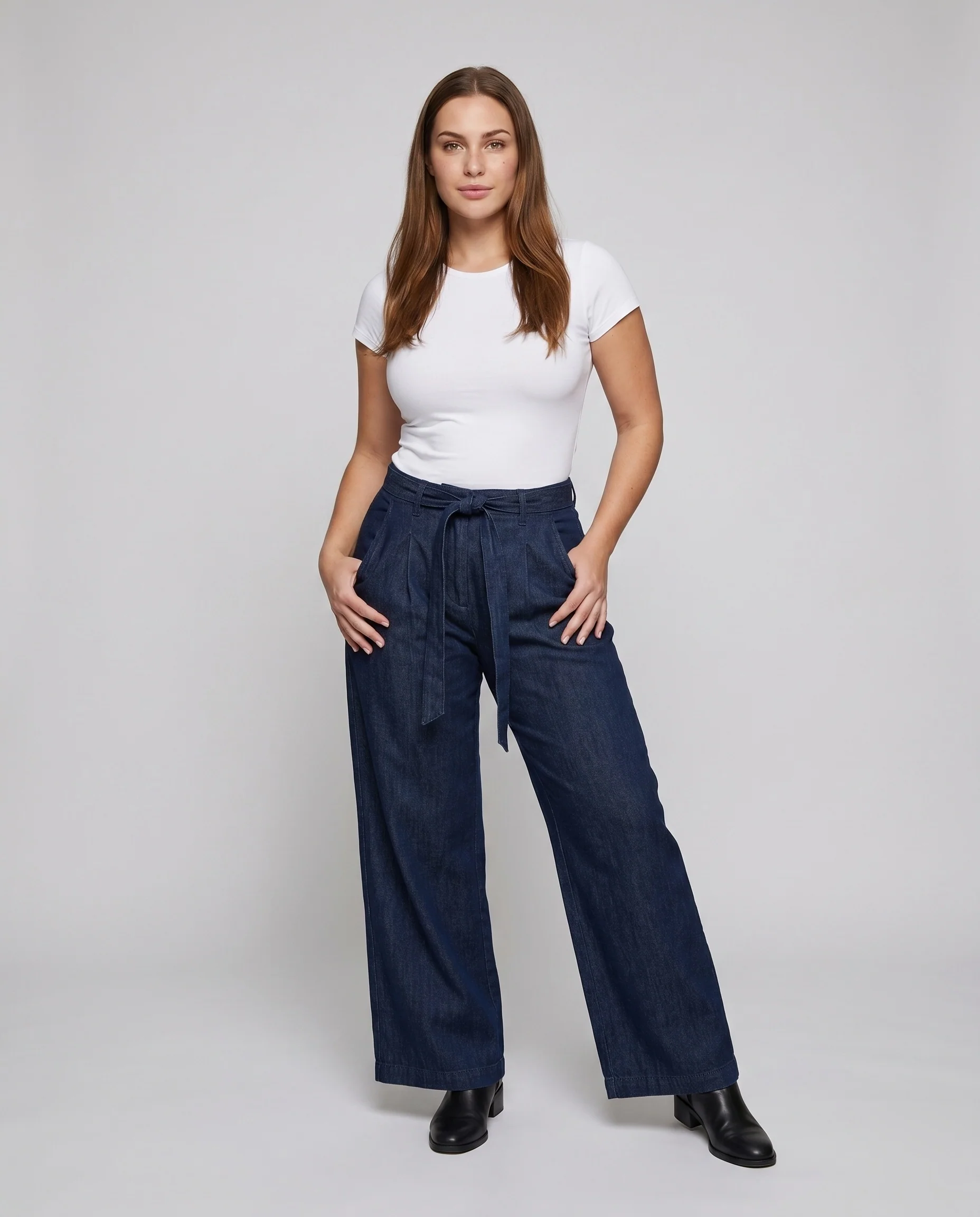 Damen weite Denim-Hose mit elastischem Bund und praktischen Taschen