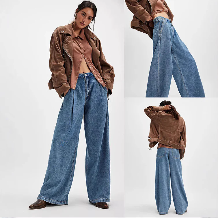 Damen Weite Denim-Hose mit hohem Bund und lässiger Silhouette R&B