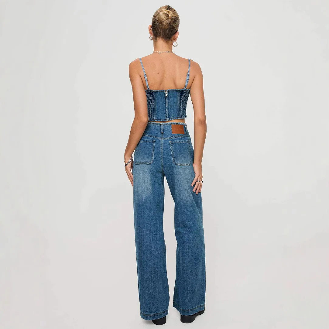 Damen weite Denim-Jeans mit hohem Bund und fransigem Saum R&B - Image 3