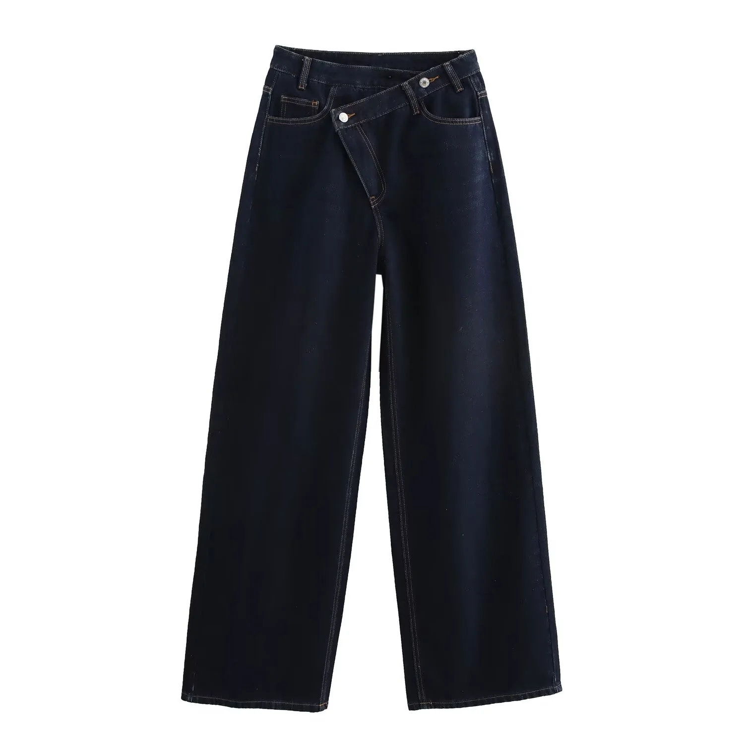 Damen weit geschnittene Jeans mit asymmetrischem Knopfverschluss und hohen Taillen R&B - Image 3
