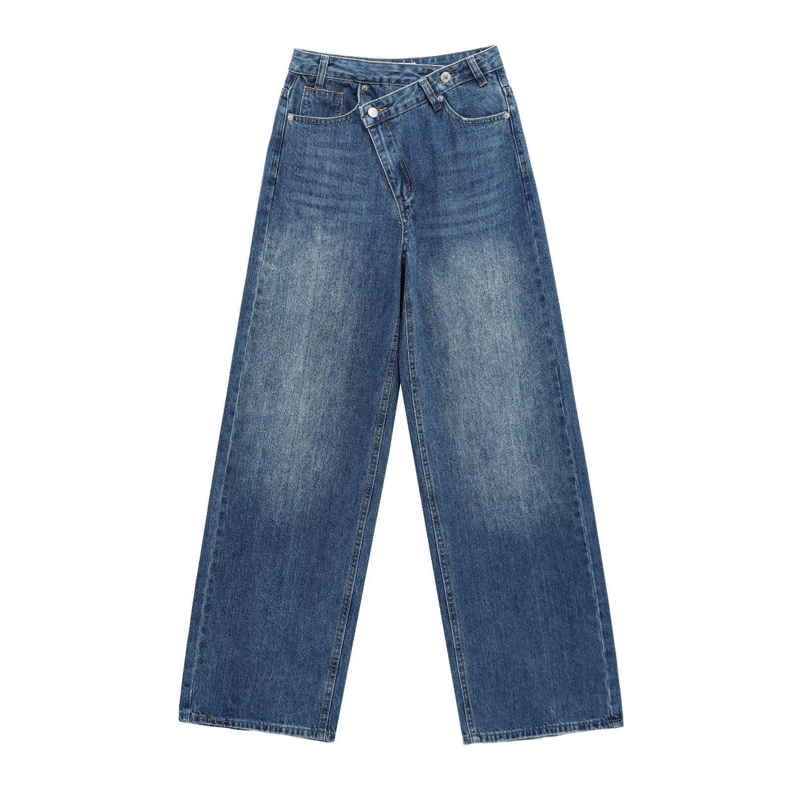 Damen weit geschnittene Jeans mit asymmetrischem Knopfverschluss und hohen Taillen R&B - Image 7