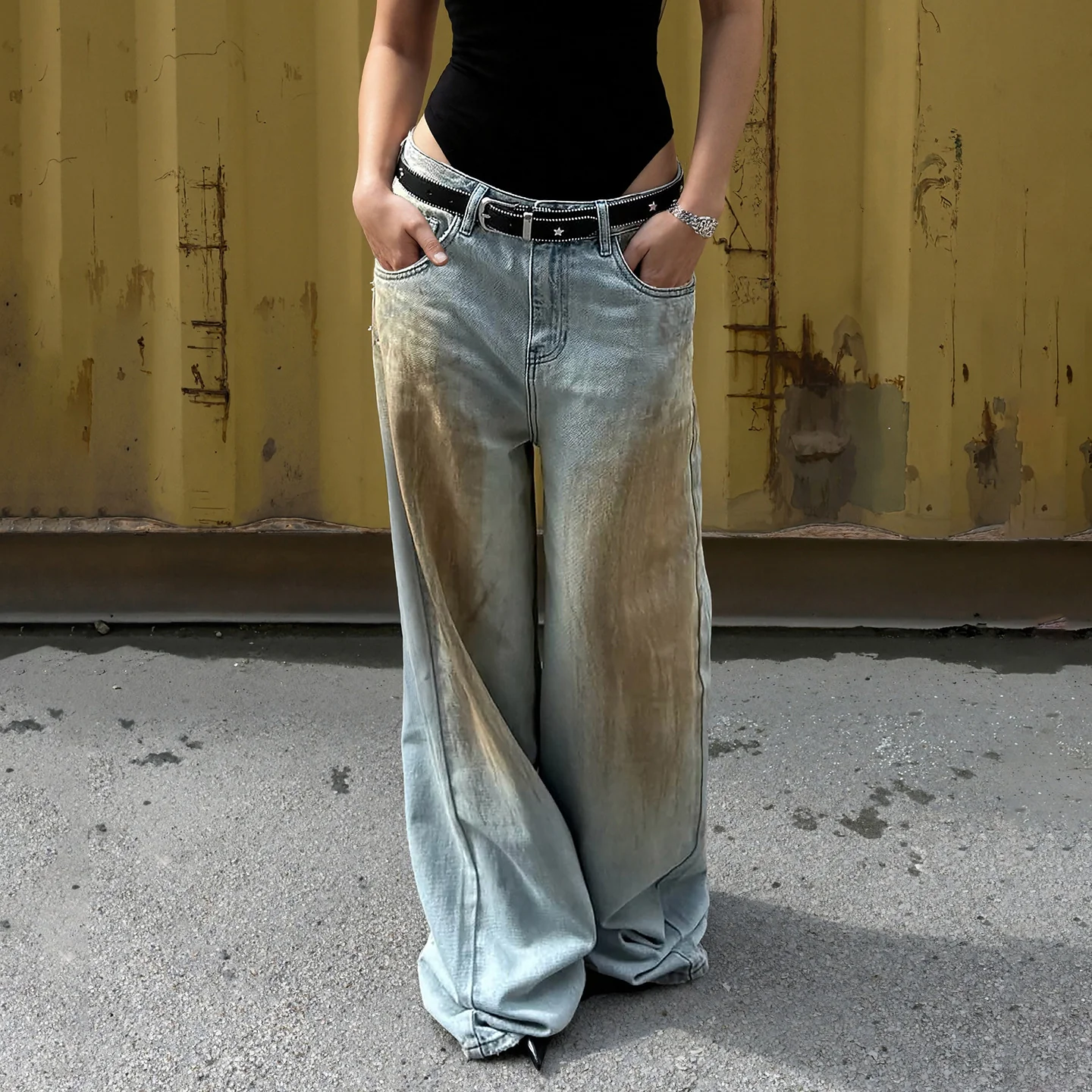 Damen weite Jeans mit einzigartigem Vintage-Waschung Heidi-Mode