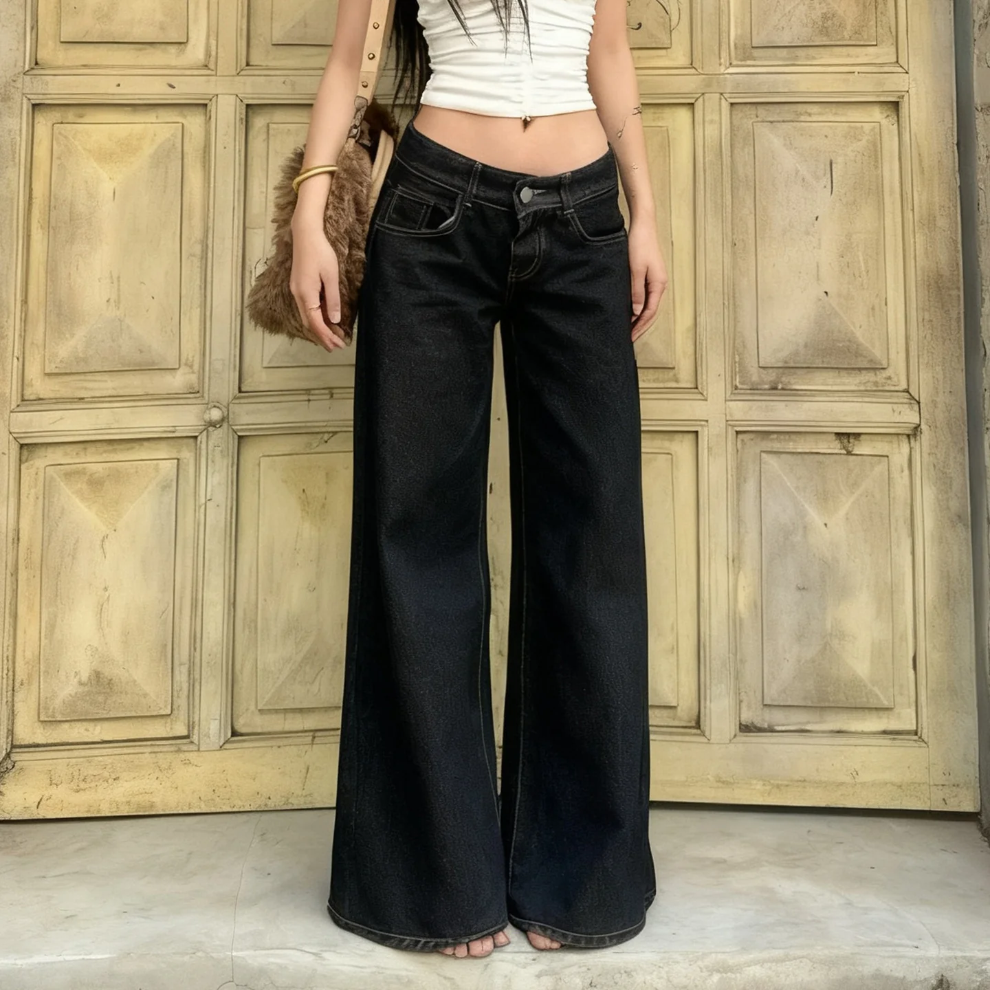 Damen Weite Jeans mit hoher Taille und ausgefranstem Saum Heidi-Mode