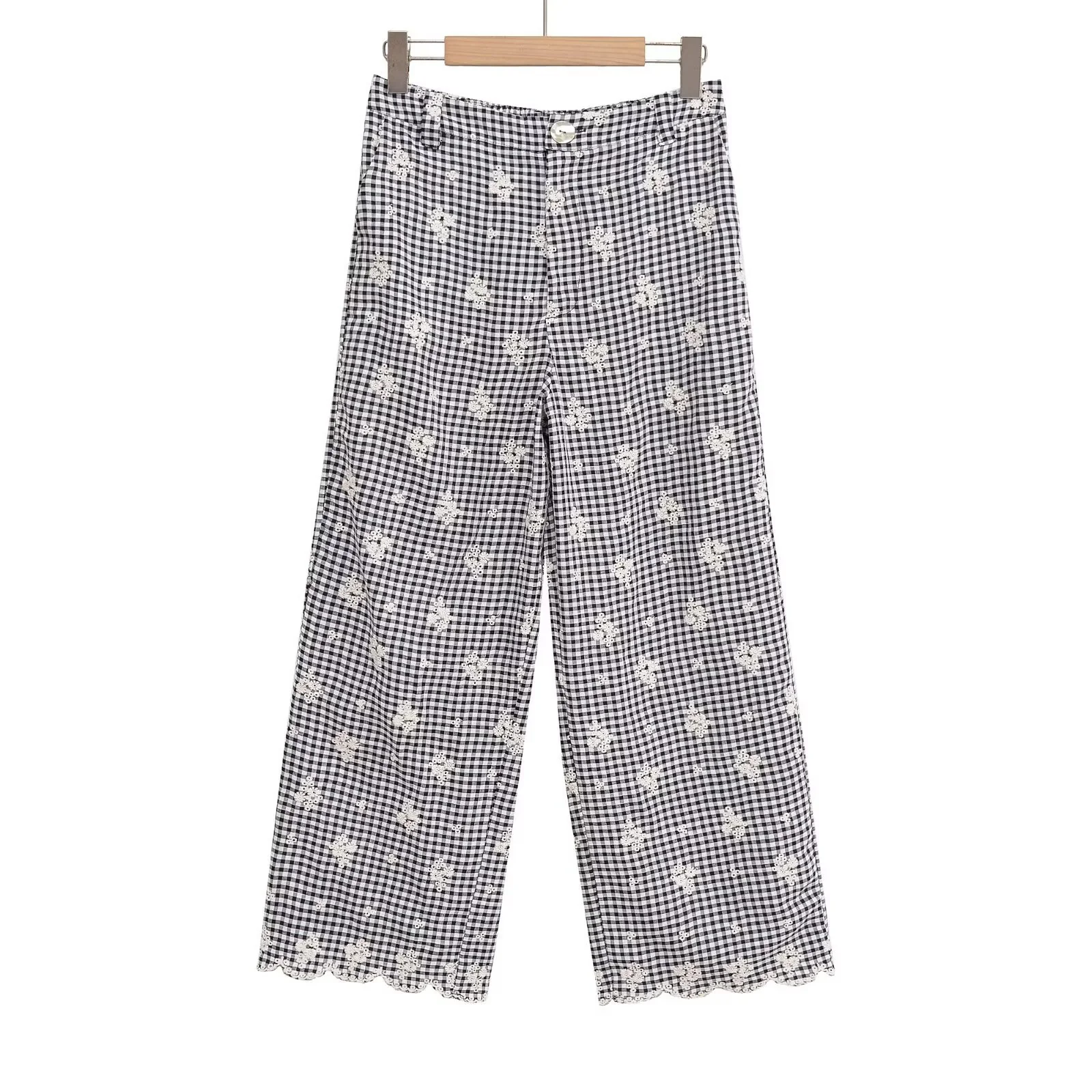 Damen weite Karottenhose mit floralem Gingham-Muster und eleganter Kantenverzierung R&B - Image 3