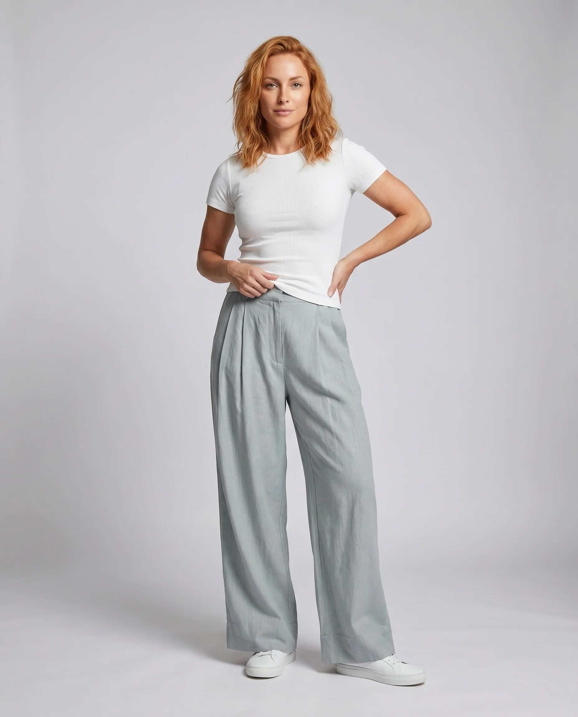 Damen weite Leinenhose mit hohem Bund und Taschen