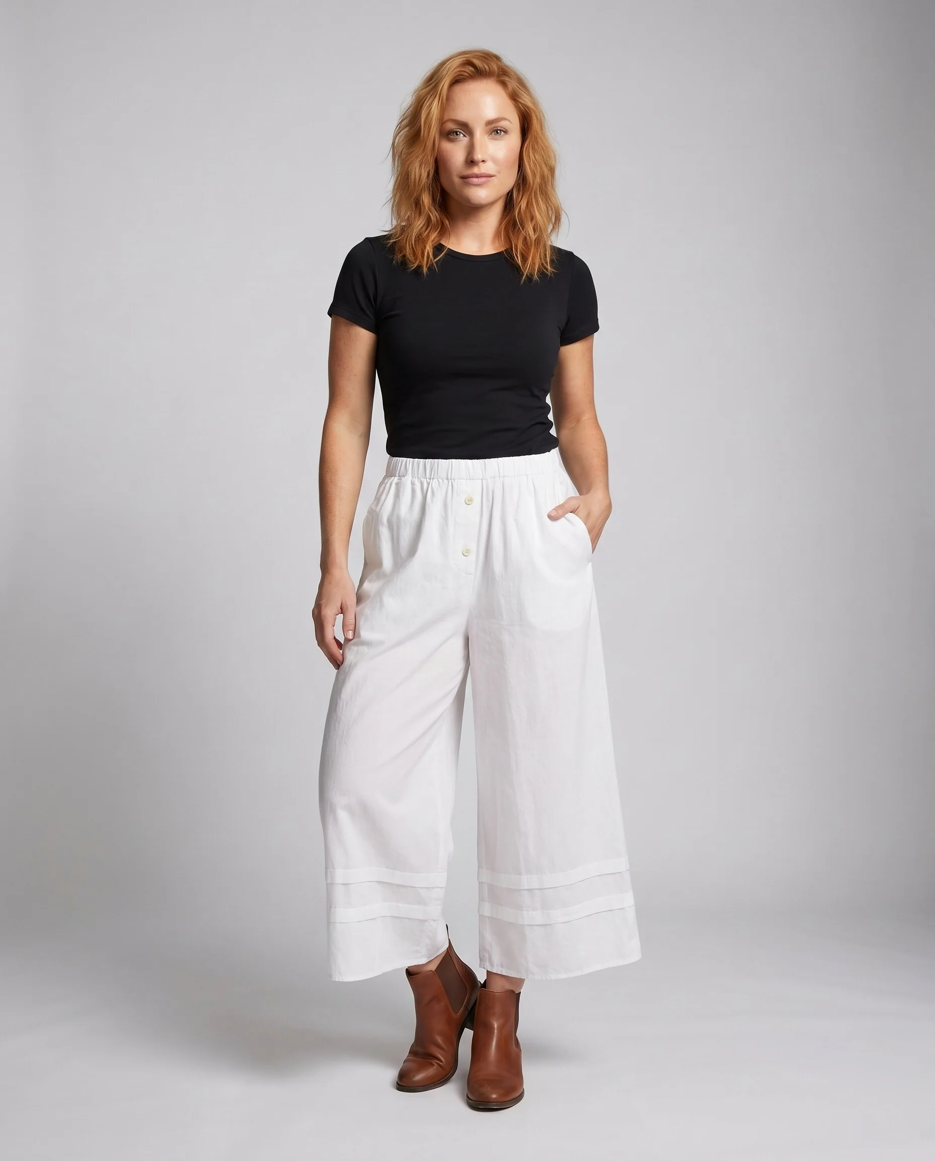 Damen weite Sommerhose mit eleganter Knopfdetails und elastischem Bund