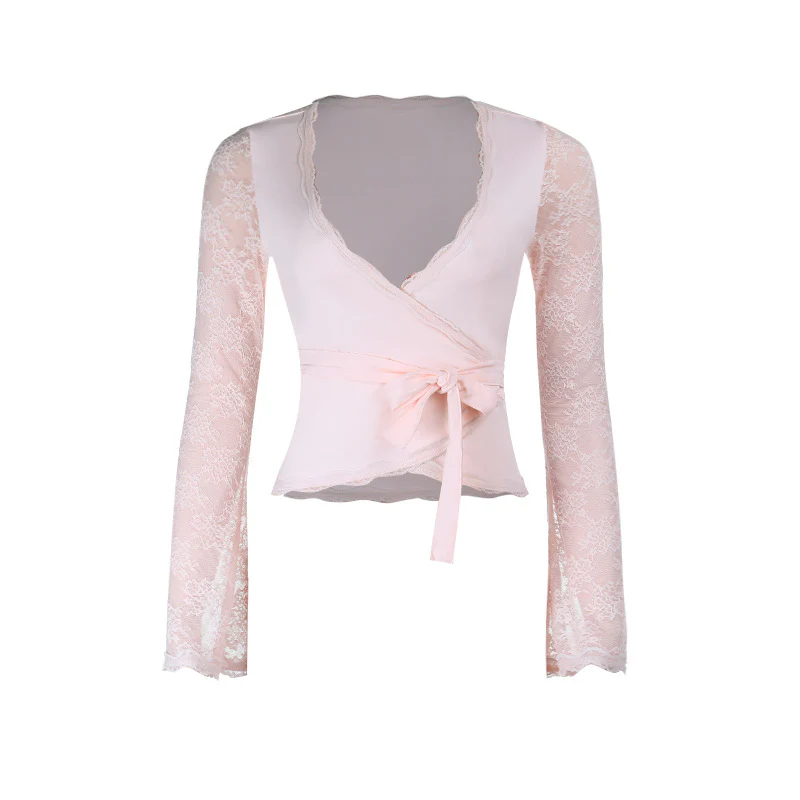 Damen Wickeloberteil mit eleganten Spitzenärmeln und tiefem V-Ausschnitt R&B - Image 5
