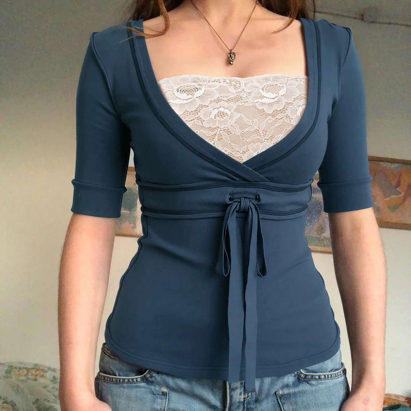 Damen Wickeloberteil mit raffinierter Frontschnürung und eleganten Ärmelabschlüssen Heidi-Mode - Image 2