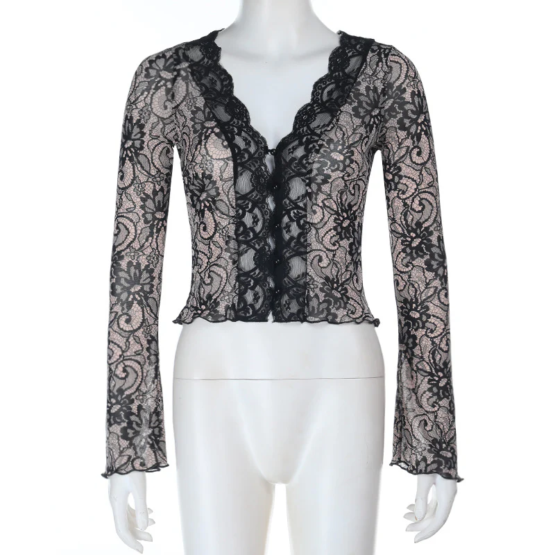 Damen zarte Spitzenbluse mit V-Ausschnitt und langen Ärmeln R&B - Image 6