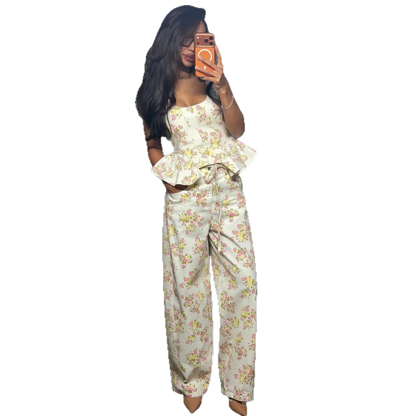Damen Zweiteiliges Set mit floralem Oberteil und weit geschnittenen Hosen R&B - Image 5