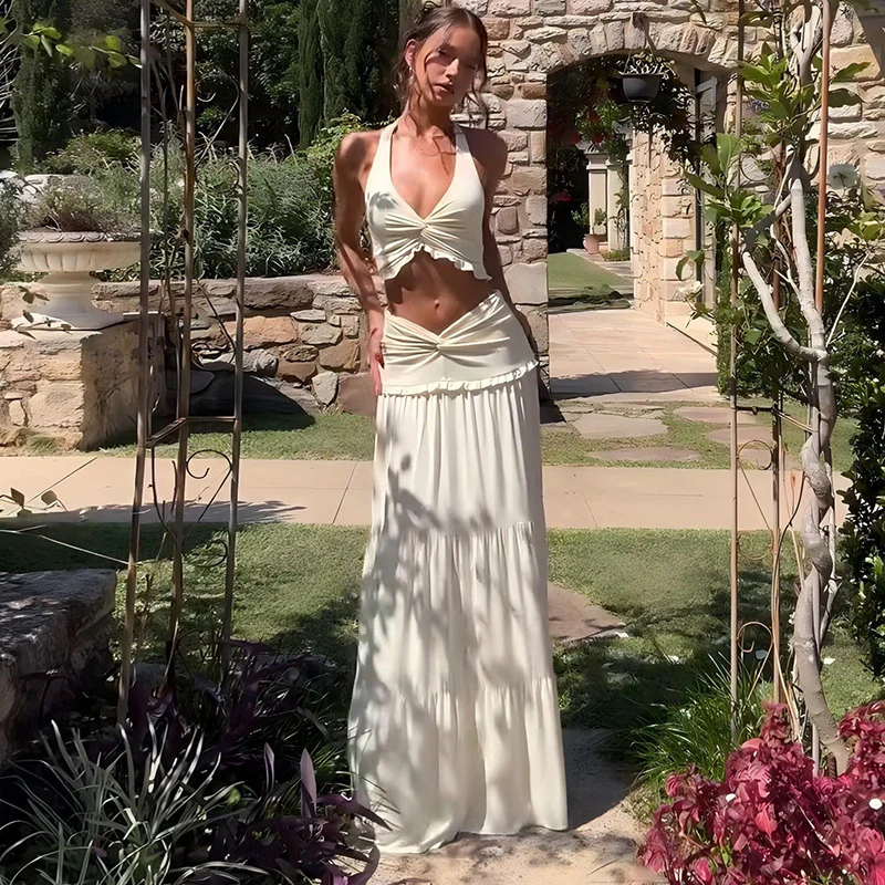 Damen Zweiteiliges Sommer-Outfit mit Knotted Top und fließendem Rock R&B - Image 4