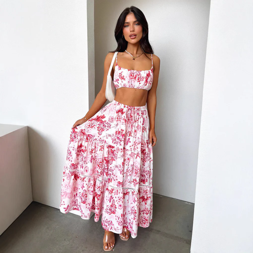 Damen Zweiteiliges Sommeroutfit mit floralem Top und Maxi-Rock R&B