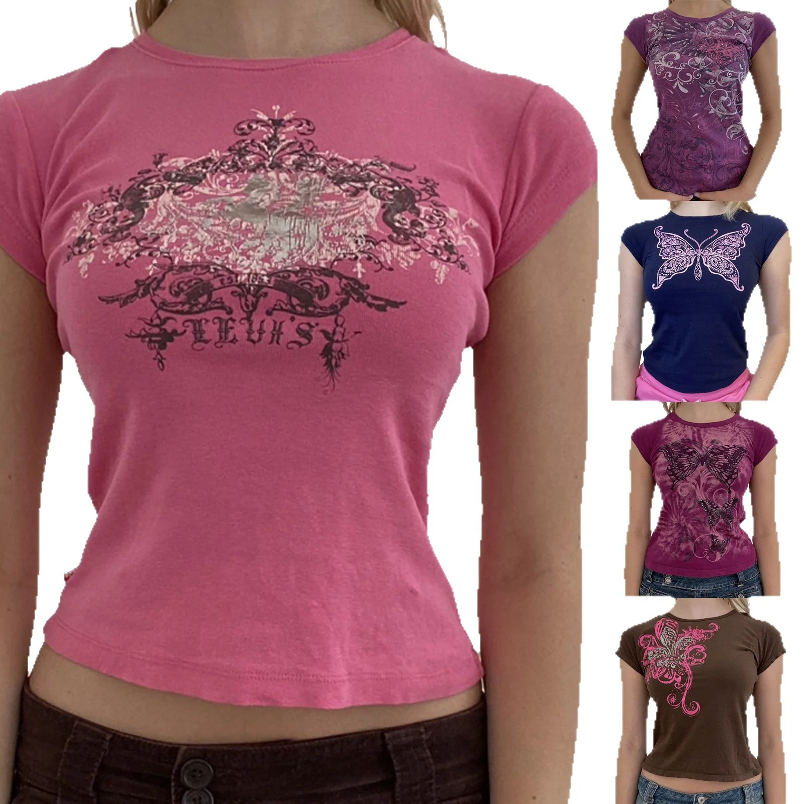 Damen lässiges Grafik-Crop-Top mit Rundhals-Ausschnitt R&B - Image 4