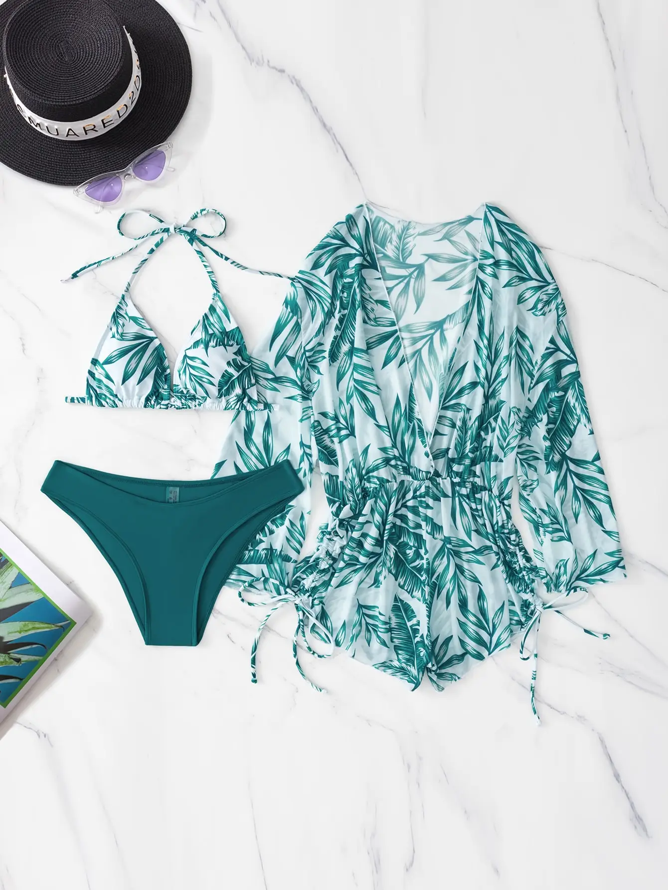 R&B | 3 Stück Bikini Tropischer Druck Badebekleidung Halter Schnürseite Badebekleidung Frauen Badeanzug Weiblich Schwimmen Sommer Strandbekleidung - Image 10