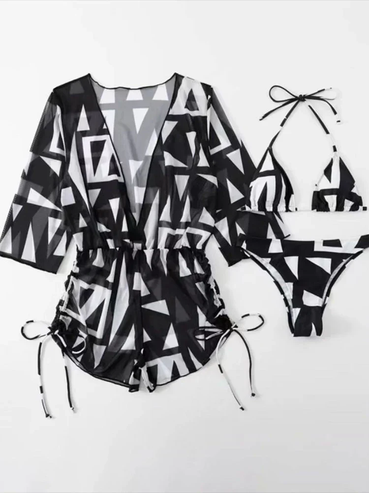 R&B | 3 Stück Bikini Tropischer Druck Badebekleidung Halter Schnürseite Badebekleidung Frauen Badeanzug Weiblich Schwimmen Sommer Strandbekleidung - Image 13