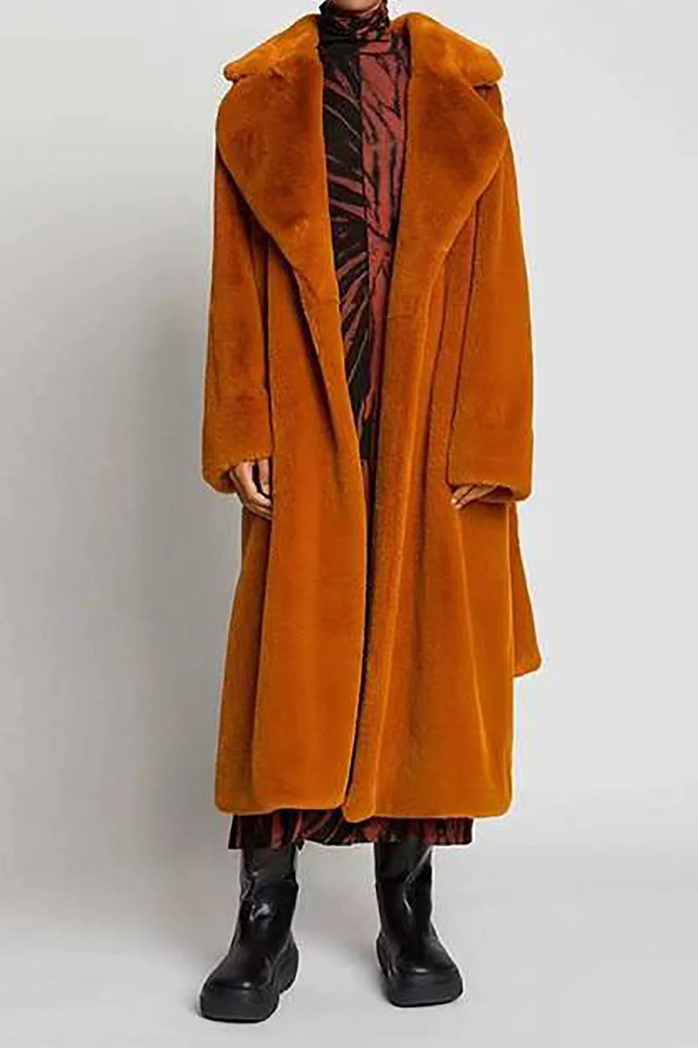 R&B | Damen Lange Imitationsfelljacke mit Offener Vorderseite und Gürtel - Image 3