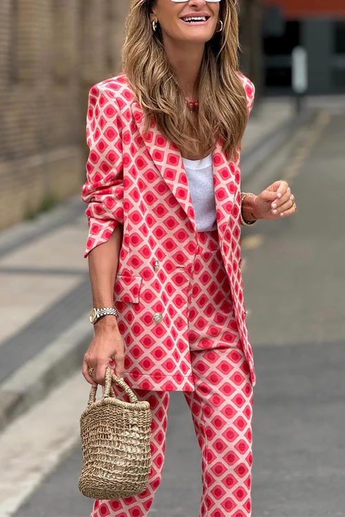 R&B | Rosiedress Geometrischer Druck Revers Doppelt Knopf Blazer und Flare-Hosen Set - Image 2