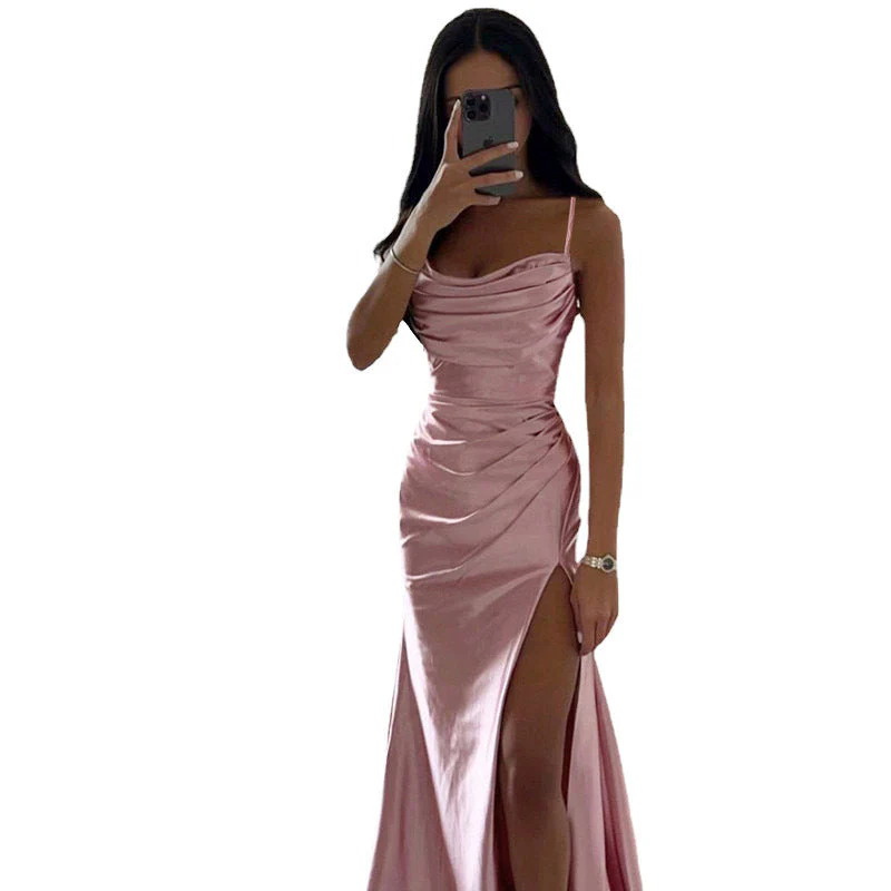 R&B | Glänzendes Satin Falten Spalte Abend Maxi Kleid - Image 7