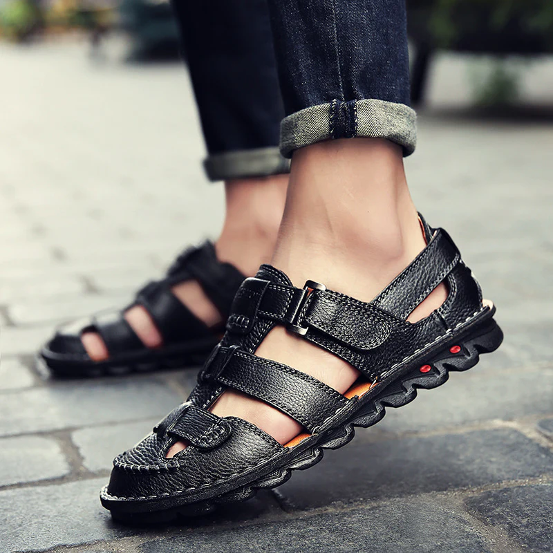 Herren Bequeme Ledersandalen mit verstellbarem Riemen und rutschfester Sohle R&B - Image 2