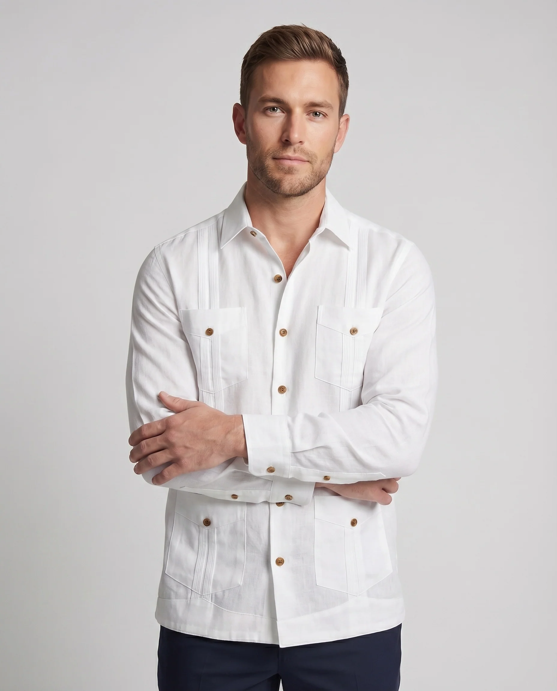 Herren Klassische Kuba-Kragen Leinenmix Guayabera-Hemd - Image 2