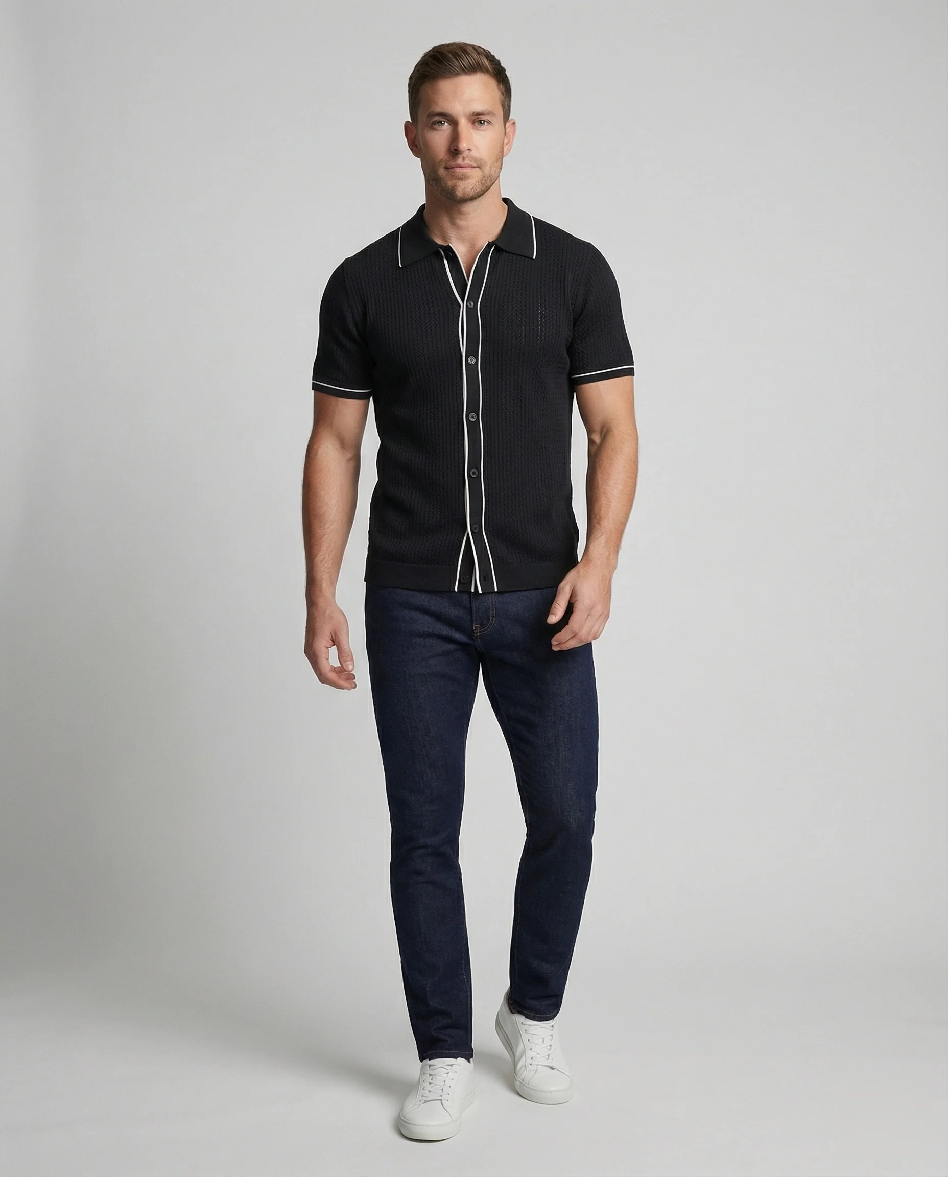Herren nan Kurzarm-Strickcardigan im Retro-Polo-Stil mit Lochmuster und Kontrastpaspel R&B