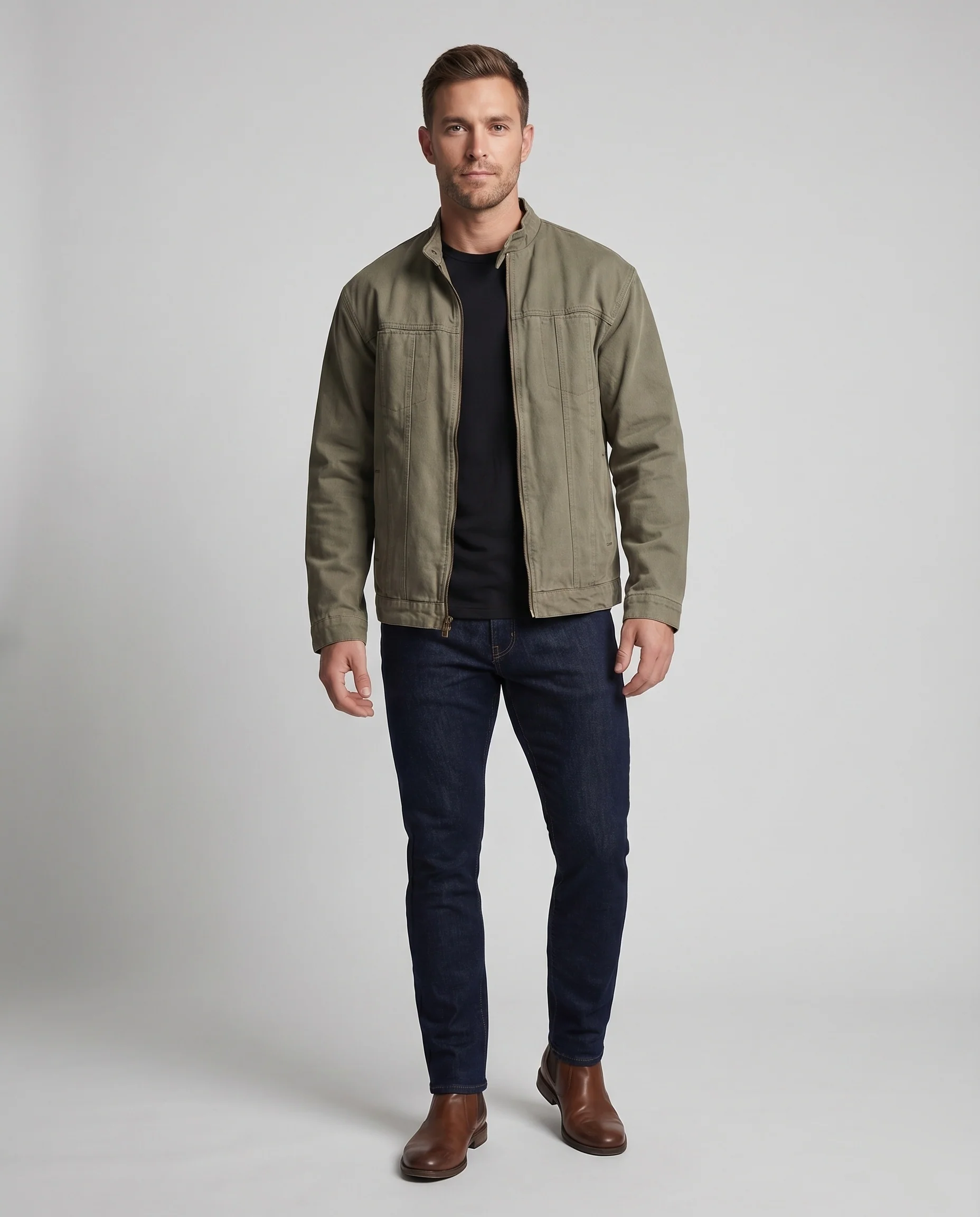 Herren Canvasjacke Stehkragen Verdeckter Zipp Weit