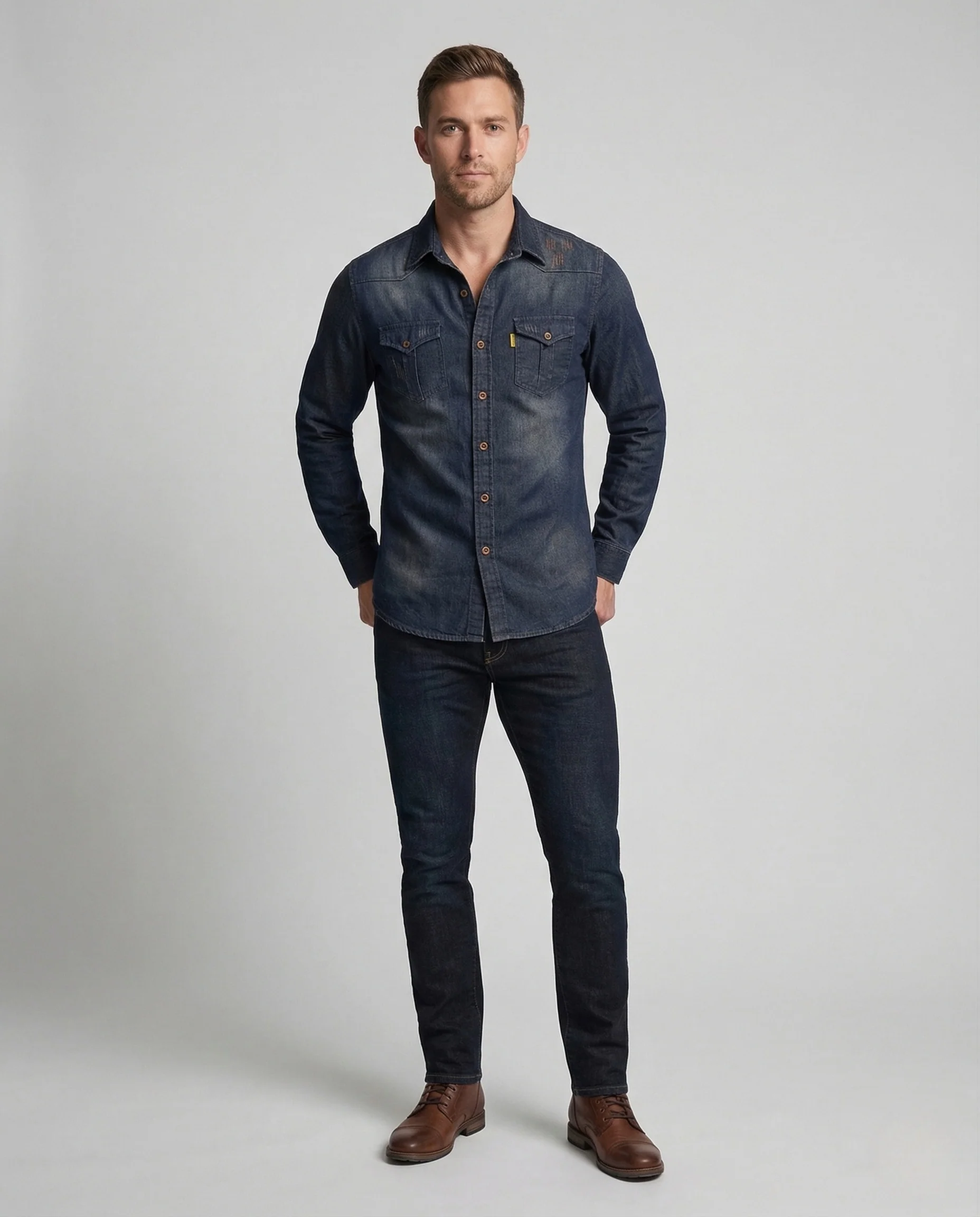 Herren Jeanshemd Slim Brusttaschen