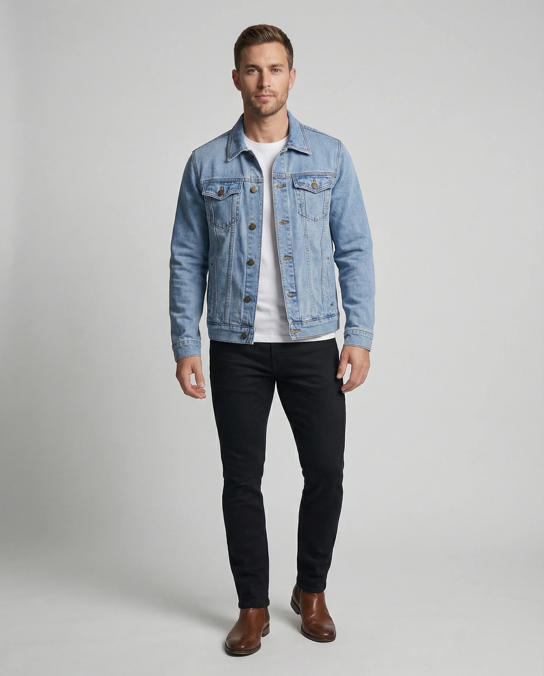 Herren Worker-Denimjacke Puristisch Abnäher Druckknöpfe