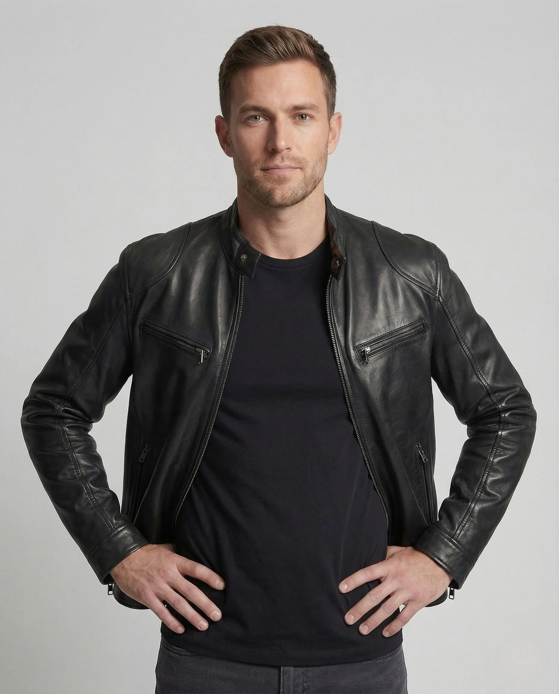 Herren Biker Lederjacke mit Stehkragen und Reißverschlusstaschen